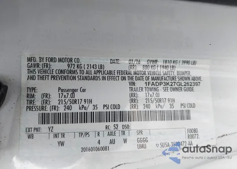 2016 Ford Focus Se z USA, uszkodzony, nr VIN 1FADP3K27GL262397